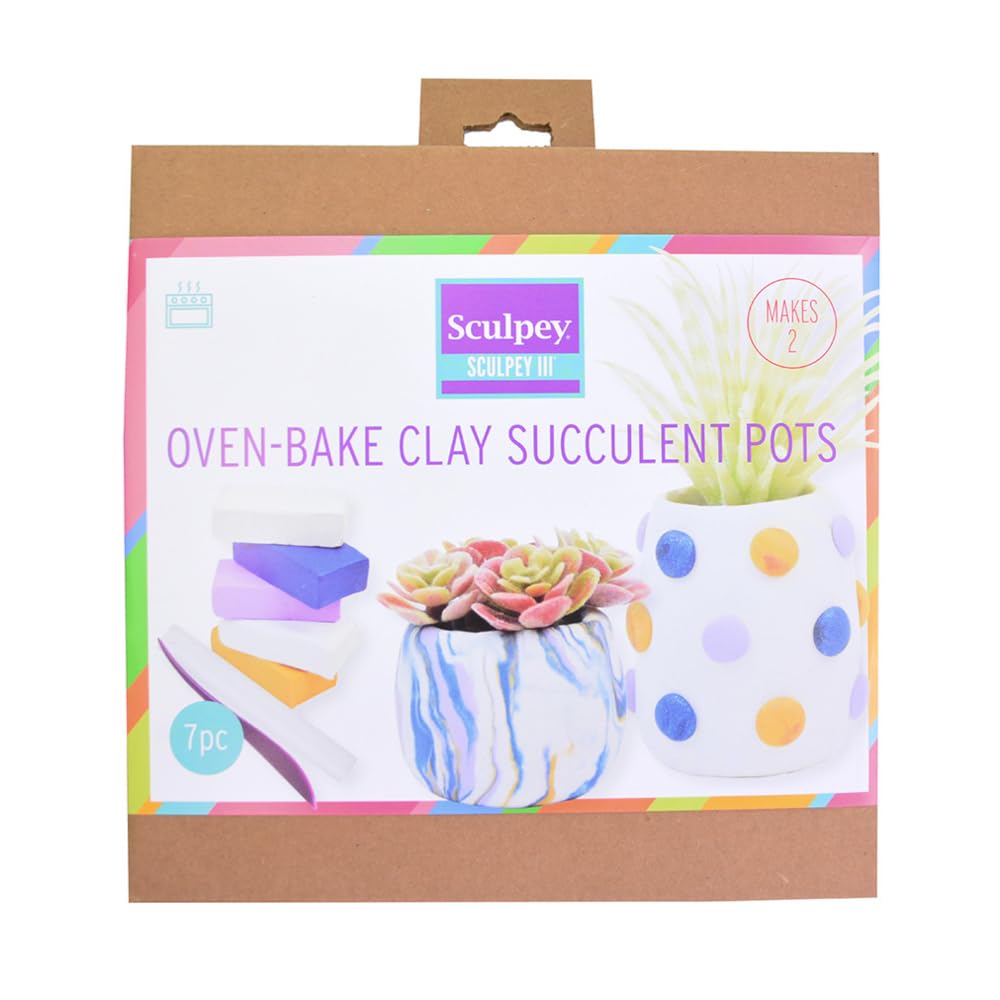 Sculpey III(r) Polymer Oven-Bake Clay Succulent Pot Kit, 7 Piece kit, for Adults and Teens, Non Toxic, 5 Colors of Clay, DIY Modeling Clay and Sculpting Tools