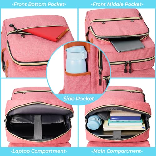 Ronyes Vintage Laptop Backpack for Women Men,15.6 inch Bookbag Casual Daypack with USB Charging Port for College Work, Pink Backpacks