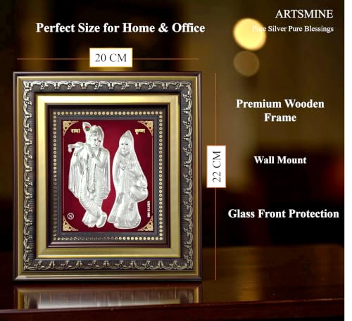 Image of ARTSMINE 999 Silver Radha Krishna Frame - Pure Silver Sheet with Purity Certificate|Ideal for Pooja Room, Home & Office Decor|Best for Wedding, Housewarming & Corporate Gift - 1 Unit (23 x 20 CM / 8.5 x 8 Inch)