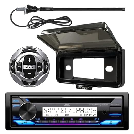 JVC in-Dash Marine Boat Yacht Bluetooth Radio USB Stereo Receiver CD Player Bundle Combo with Remote Control, Enrock Dash Kit Protector UV-Resistant Weather Shield Receiver Cover, Radio Antenna
