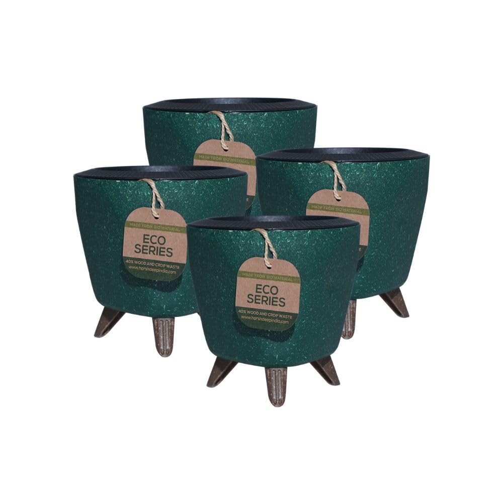 Harshdeep Self Watering Pots for Plants | Plant Pots for Home Decor | Indoor Pots for Living Room, Small Size UV Protected Made of Bamboo, Rice Husk 5 Inch Set of 4 (Green)