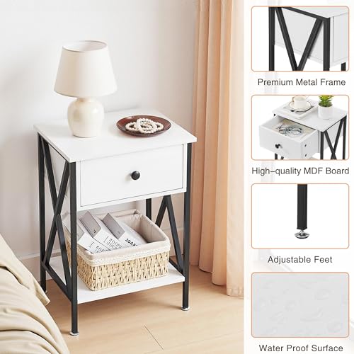 Image of VECELO Nightstands, Modern Bedside End Tables Set of 2, Night Stand with Drawer and Storage Shelf for Living Room Bedroom, Industrial Metal Frame