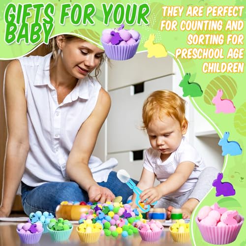 Image of Funnymoom Easter Sensory Bin Filler Fine Motor Toys Include Tweezers 2 Scissors Clips 150 Pom Pom 30 Easter Wooden Bunny and Eggs 10 Sorting Cups for Easter Sorting Counting Training