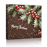 クリスマスジークレーアートワークキャンバスプリントホリーベリーヤドリギウォールアートリビングルームダイニングルーム壁装飾のためのお祝いの家の装飾50x50cmインナーフレーム
