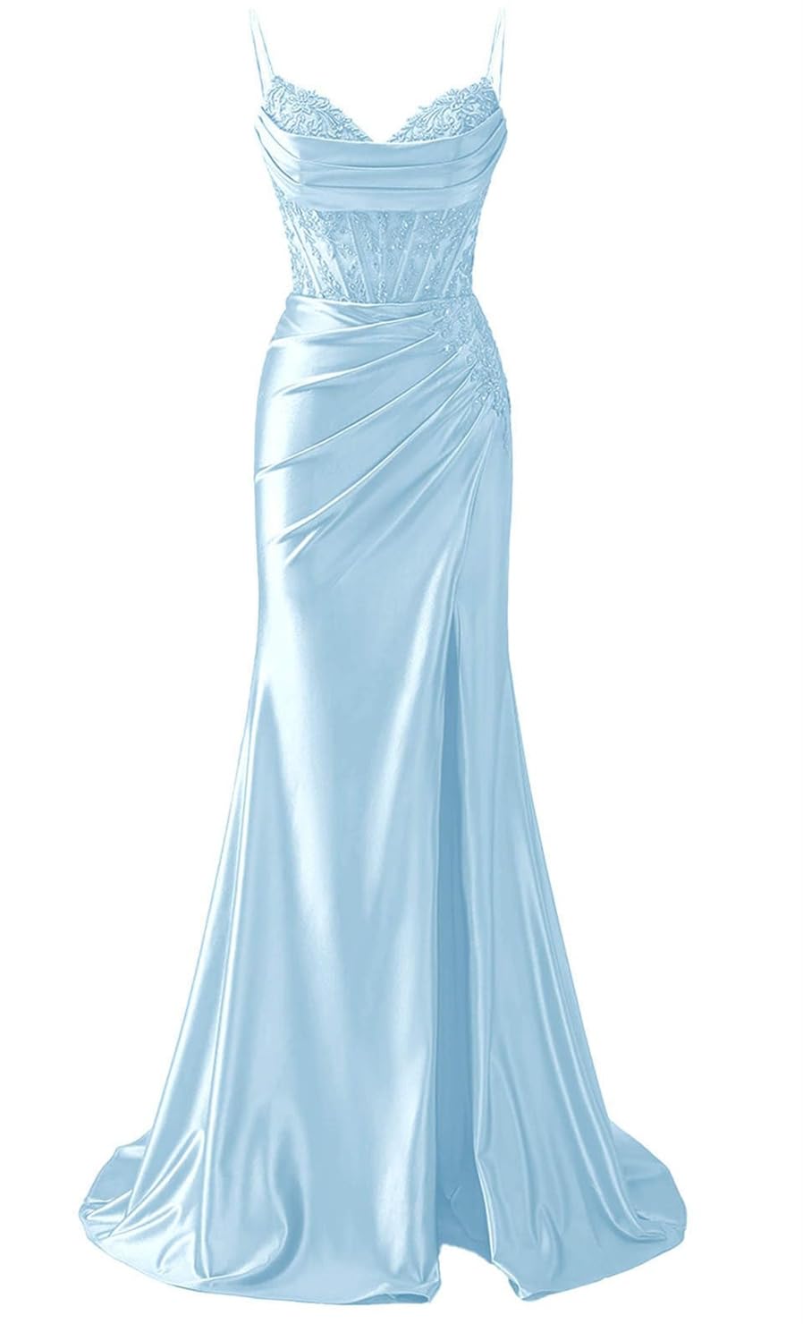 Yiann Women's Light Blue Satin Prom Dresses With Slit For Lace Applique Mermaid Formal Dress Evening Gown Uk6