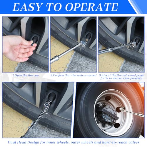 Image of Yunsailing 20 Pcs 10 Pcs Dual Head Tire Pressure Gauge Heavy Duty Truck Tires Air Pressures Gauges with Hook Range 10-150psi, 0.7-10.3bar for Semi Trucks Car Bus Rv Van (Silver)