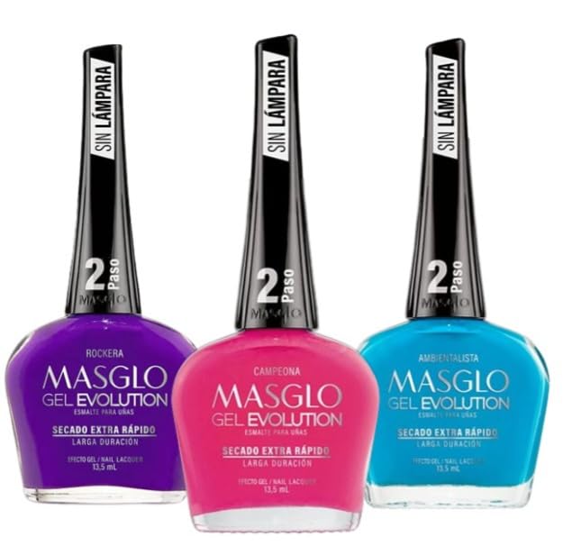 MASGLO GEL EVOLUTION - Esmalte de uñas efecto gel, no requiere lámpara UVLed, duración de hasta 12 días, 3 tonos de colores  Effecto Gel sin