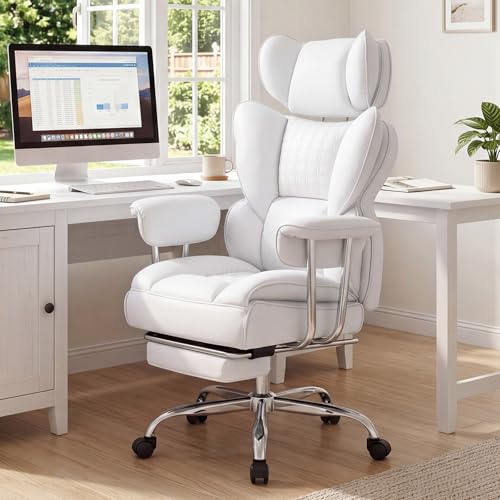 Image of DUMOS Big and Tall Office Chair 400 LBS, Scratch-Resistant PU Leather Executive Office Desk Chair with Footrest, Ergonomic Reclining Computer Chairs with Pocket Spring Support, White