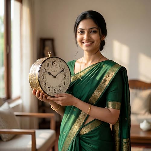 Image of CRAFTEL Double Sided Station Wall Clock Multi-Layer Electroplated | English Roman Numerals | Aluminum Matte-Finish Dial Brass Body | Dial - 8 Inches, Shiny Gold | 365 Days Warranty