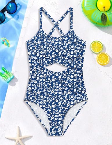 Image of Girl Swimsuit One Piece Cutout Ruched Bathing Suit for Girls Color Block Adjustable Straps Pad Swimwear 9-18y
