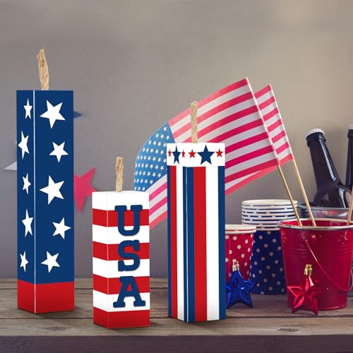 Image of Amyhill 3 Pcs 4th of July Decorations Set Wooden Patriotic Table Centerpieces Independence Day Wood Firework Fourth of July Table Signs for 250th Anniversary Home Farmhouse Decor (Stylish Style)