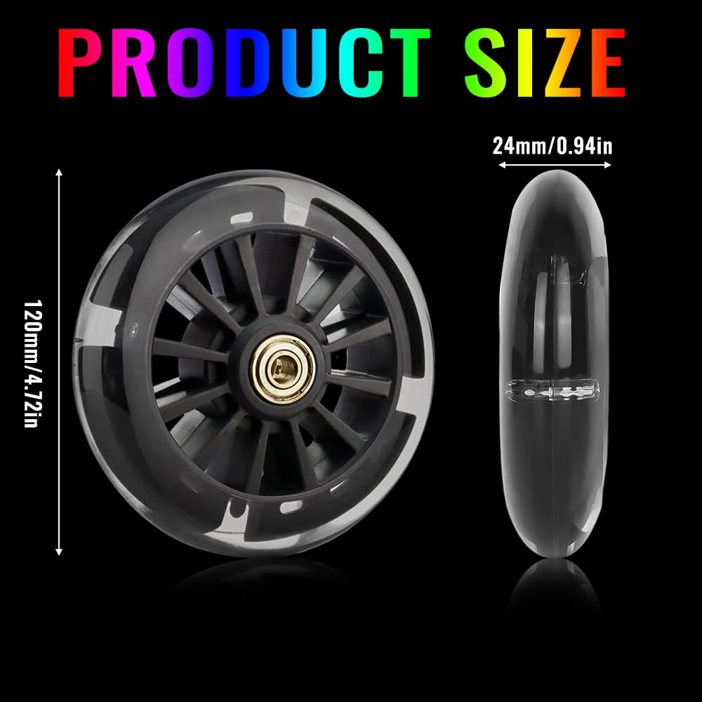 Freestyle, 2 sztuki, podświetlane, z migającym światłem LED, 120 mm, opony z łożyskami kulkowymi ABEC-7, kółka zapasowe do większości skuterów (czarne)