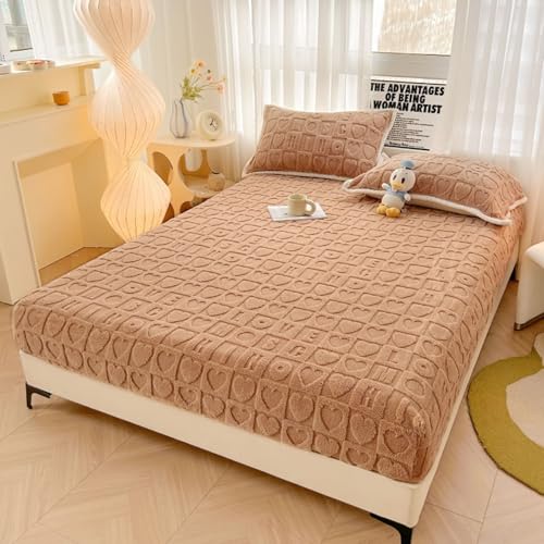 KnSam Juego de sábanas de color caqui con 2 fundas de almohada de 200 x 220 cm, 3 piezas, funda de almohada con estampado de corazón, funda para cama de terciopelo, funda para cama con somier y