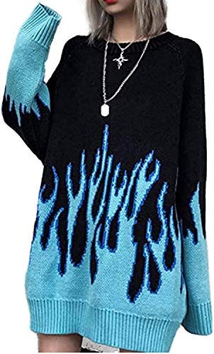 CORIRESHA Womens Teen Girls Long Sleeve Sweater Flame Bat Sleeve Patchwork Loose Casual Knitted Pullover Tops