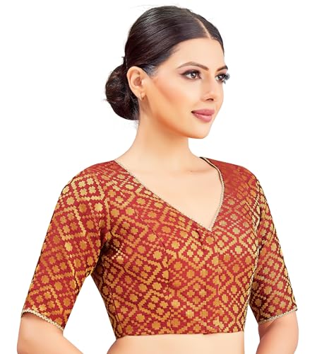 Image of Studio Shringaar Women's Readymade Brocade Elbow Length Sleeves Saree Blouse