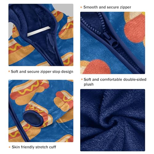 Hot Dog Pattern on Blue Toddler Fleece Jacket Girl Boys Hooded Fleece Jacket Coat Warm Outwear Zip-up 3-10T3