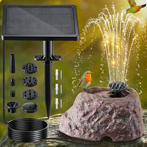 Saillong Solar Fountain for Bird Bath with Granite Rock, Solar Water Pump with 6 Nozzles, Bird Bath Water Fountains with Dry Run Protection, Fountain Pump for BirdBath, Garden, Pond