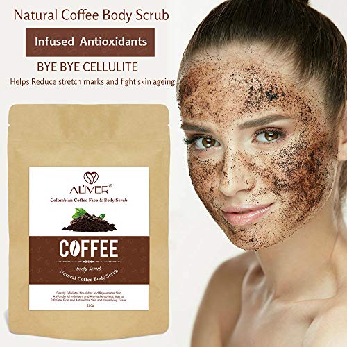 Aliver Face and Body Coffee Scrub 200g, Finest 100% Colombian Coffee Beans, Blended Natural Essential Oils, Complete Head to Toe Body Exfoliator, Help Reduce Cellulite, Stretch Marks, Acne, Rosacea