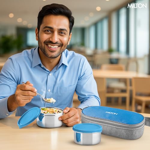 Image of MILTON Plato Pack Small Stainless Steel Lunch Box (2 X 340 ml containers) with Jacket | Leak Proof, Food Grade I Lightweight, Odour Proof | 1 Year Warranty I Ideal for Office, School, Travel, Blue