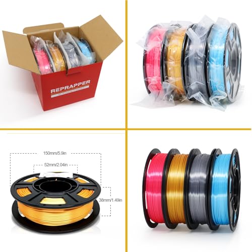 Image of RepRapper 4x250g Pack of Silk PLA Filament for 3D Printer, 1.75 mm (± 0.03 mm), Silky Shiny - 4x250g Spools Pink, Gold, Blue, Silver