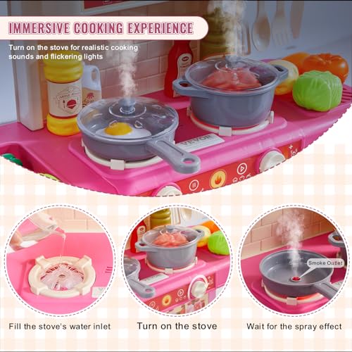 Image of VEVOR Kids Kitchen Playset 48PCS, Pretend Play Kitchen with Cooking Stove with Steam, Sounds and Lights, Play Sink and Play Food, Toy Kitchen Set for Toddlers (Pink) Size 18.5 inch x 9.4 inch x 30.7 inch