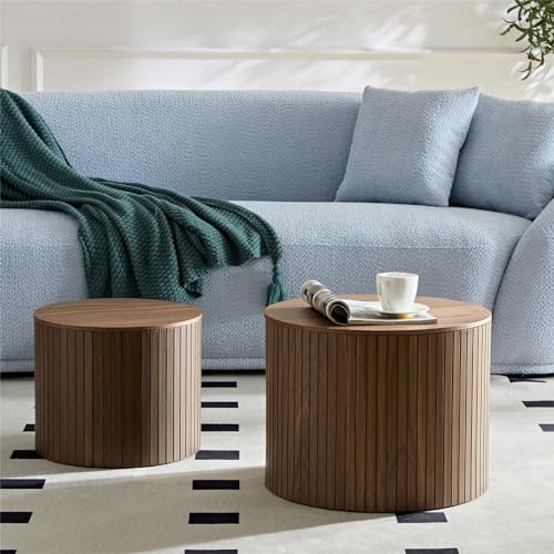 WAKEEPING Nesting Coffee Table Set of 2,Modern Round Wooden Coffee Tables with Storage,Luxury Side Table Accent End Table for Small Space Living Room Apartment (19.17”)