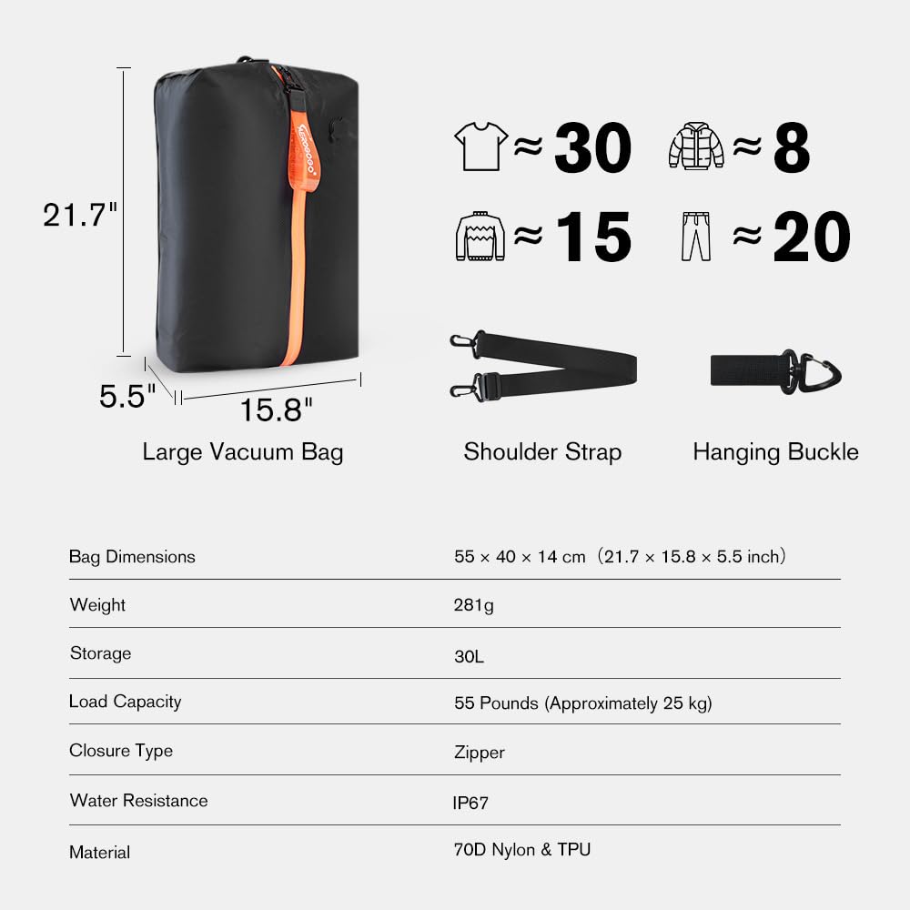 Aerogogo ReZip Vakuumbeutel für Reisegepäck, wiederverwendbare Kompressionsbeutel, Vakuumversiegelung, Verpackungswürfel für Stoffverpackungen (groß)