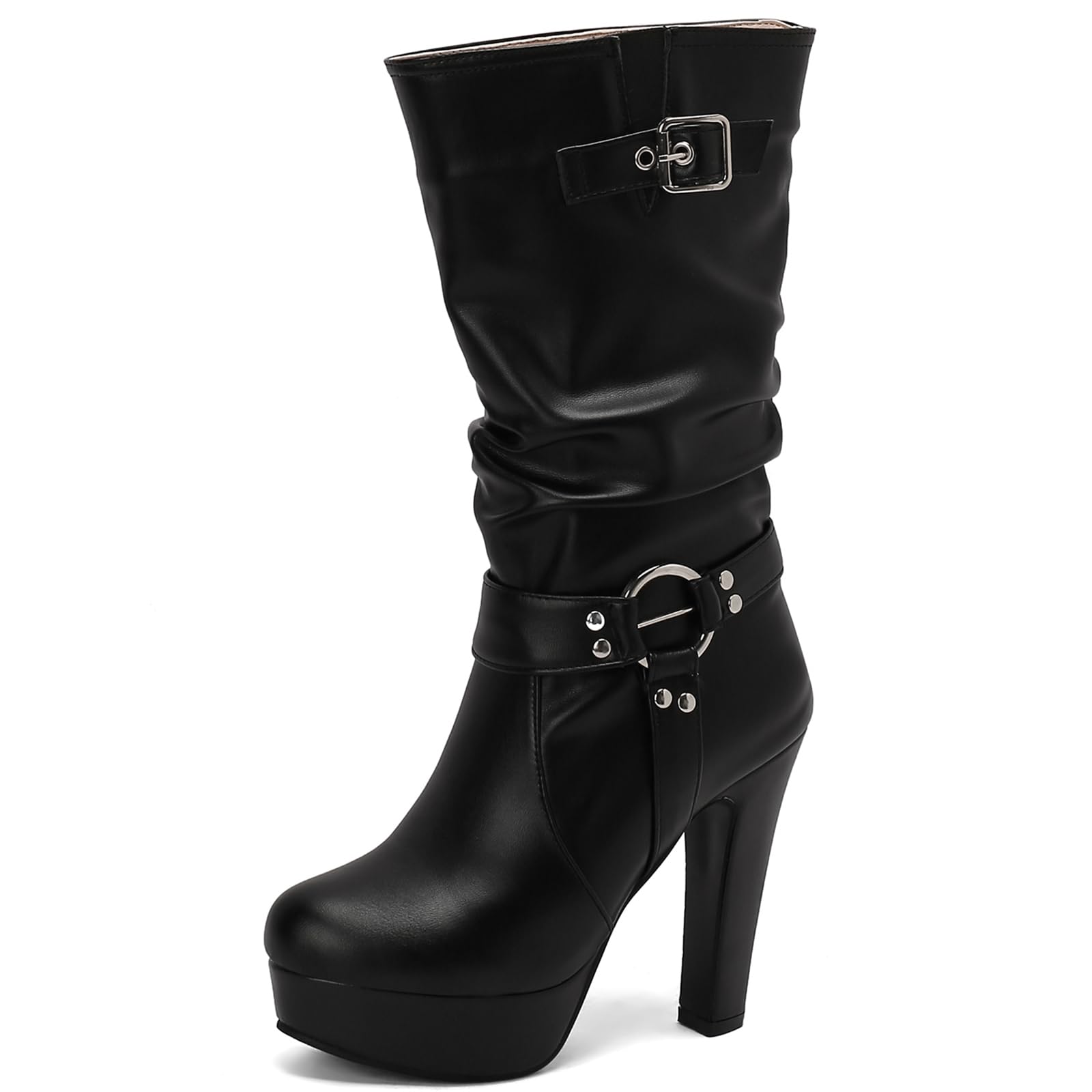 Gicoiz Women Mid Calf Slouch Platform High Heels Harness Riding Boots