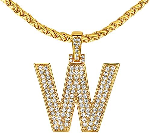 FindChic Bling CZ Bold Letter W Necklace For Men&Women Hip Hop Iced out 18K Gold Plated Custom Name Large Initial Pendant Personalized Jewelry for Rapper Boys 22inch Wheat Chain