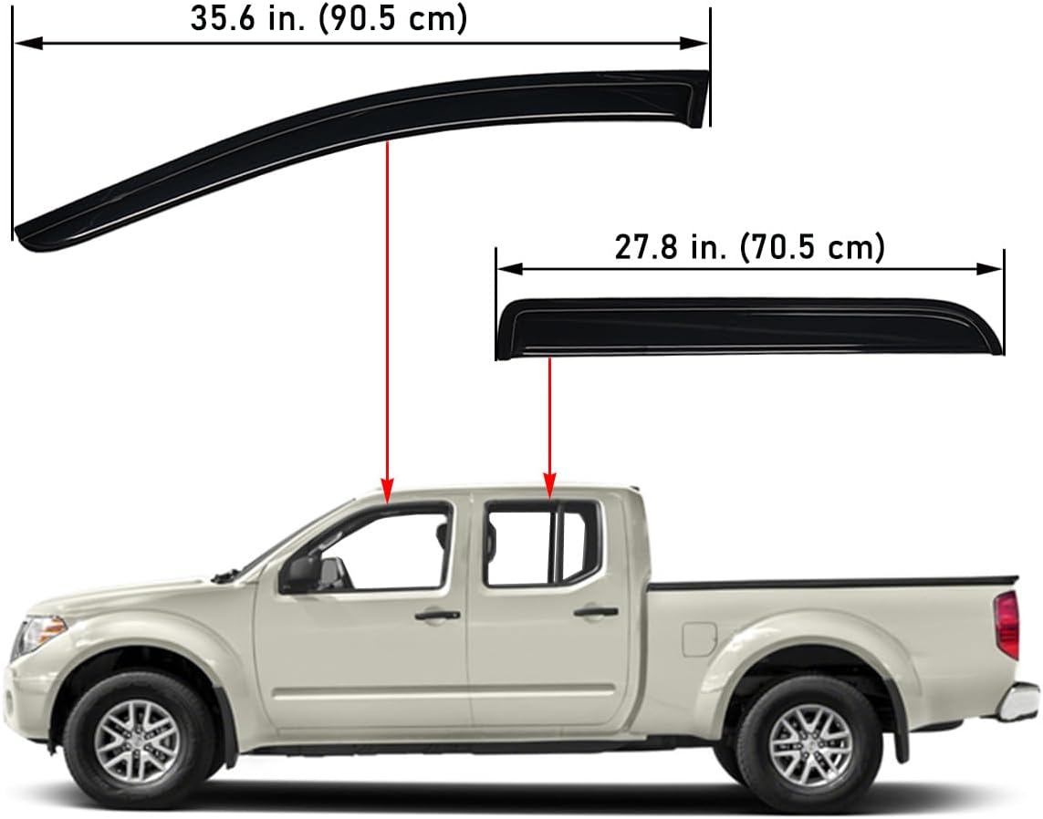 Lightronic Extra Durable Outside-Mount Auto Vent Window Visor, Fits 2005-2020 Nissan Frontier, Crew Cab, UV Protection Rain Guard, Original Wind Deflector, No-Drill Easy Install, Dark Smoke, 4-Pcs