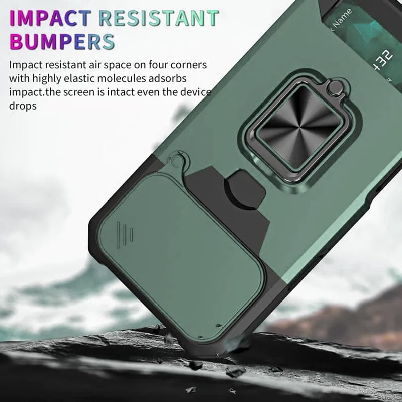 Image of LuxuryKase Shockproof Armor Case for iPhone 17 Pro | Slide Camera Cover | Hidden Card Slot | Rotating Ring Kickstand | Magnetic Car Mount Support | Military Grade Protection - Green