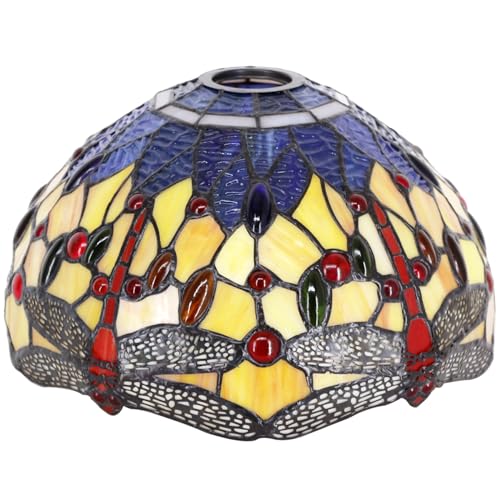 Image of 12 Inch Tiffany Lamp shade Replacement Only(Orange Blue Dragonfly) | Stained Glass Lampshade Only 1-5 /8-Inch Fitter Opening for Arched Floor Lamp, Torchiere Lamp, Pendant Light