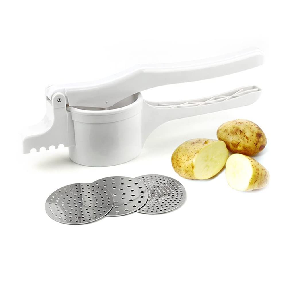 Plastic Potato Ricer Masher with 3 Interchangeable Stainless Steel Discs, White