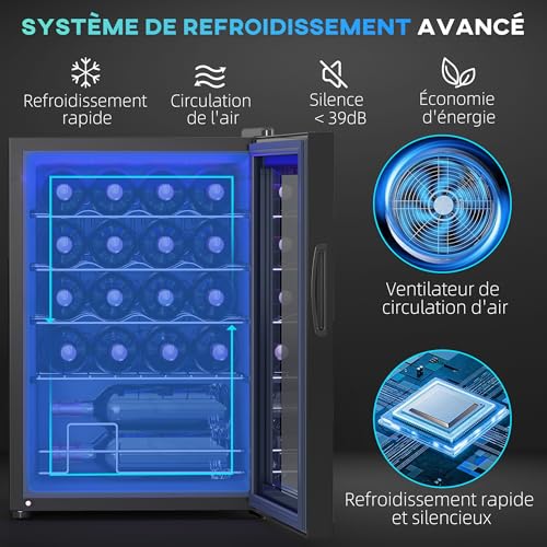 HOMCOM Cave à vin 20 bouteilles 53L réfrigérateur à vin silencieux avec porte en verre, éclairage LED, écran tactile numérique, frigo vin contrôle de la température 5-18°C, protection UV, noir – Image 4