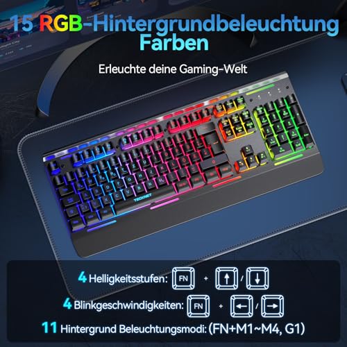 TECKNET Gaming-Tastatur Kabellos, QWERTZ-Tastatur (Deutsches Layout), Membran Tastatur mit 105 Tasten, Vollmetall-Pane, RGB Beleuchtung, Handgelenkauflage, 25 Anti-Ghosting-Tasten für Gamer & Büro 4