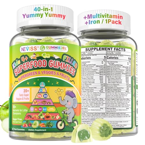 NEVISS Kids Teens Ages 4–17 Multivitamin with Iron Omega3 D3K2, Picky Eater Vitamin Super Greens Gummies, Boys Girls Organic Fruits Veggies Superfood Gummy, Mushroom | Immune Bone Brain, Sugar Free