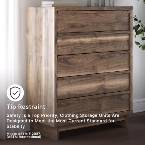 Image of Signature Design by Ashley Darcalli Casual 5-Drawer Wide Chest with Easy Glide and Safety Stop for Bedroom, Light Brown