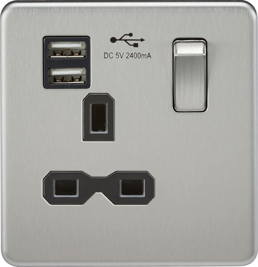 Screwless Single Switched Socket with Dual USB Charger in Brushed Chrome with Black Insert