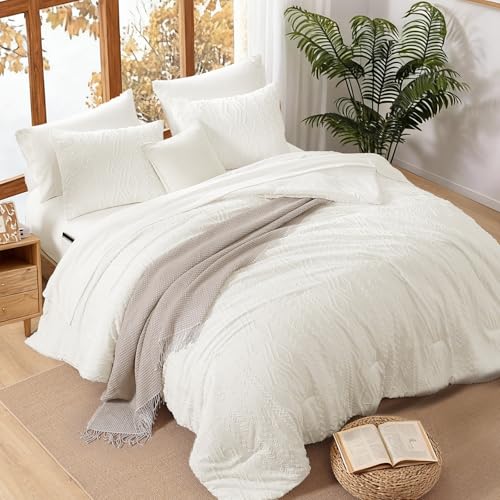 Image of Full Size Comforter Set- 7 Pieces Tufted Bed in a Bag Full Bedding Sets | All Season Shabby Chic Boho Bedding with Comforter, Sheets, Pillowcases & Shams, White