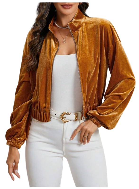 Patakadevi | Mustard Gold Velvet Crop Jacket For Women | For Casual Outings And Dinner | Full Sleeve Zip-Up Bomber Outerwear | Trendy Weekend Social Gathering Coat-picture-30