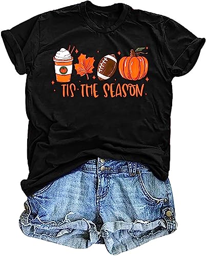hohololo Halloween T Shirt Women Tis The Season Shirt Fall Pumpkin Tshirt Latte Coffee Graphic Tees Fall Top4
