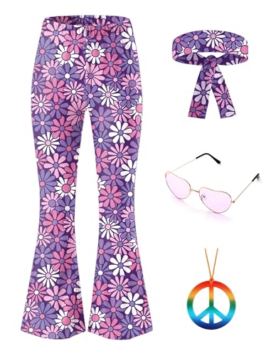 Little Girls Halloween Wide Leg High Waist Elastic Leggings 60s 70s Disco Hippie Flared Pants Purple Daisy 8 Years