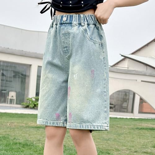 Girls Elastic Waist Straight Leg Jean Shorts Summer Knee Length Y2K Casual Pull On Denim Short Pants with Pocket3