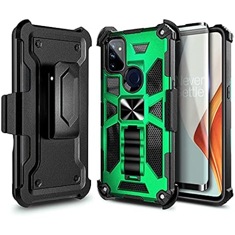 NZND Case for OnePlus Nord N10 5G with Tempered Glass Screen Protector (Maximum Coverage), Belt Clip Holster with Built-in Kickstand, Full-Body Protective [Military-Grade] Phone Case -Green Cover