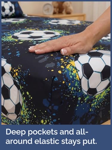 Image of Kids Full Midnight Soccer Bed Sheets - 4 Piece Midnight Soccer Sheet Set | Midnight Soccer Themed Bedding, Ultra-Soft, Cute & Cozy, Breathable & Machine Washable, Bed Set for Boys, Girls & Teens, Cozy