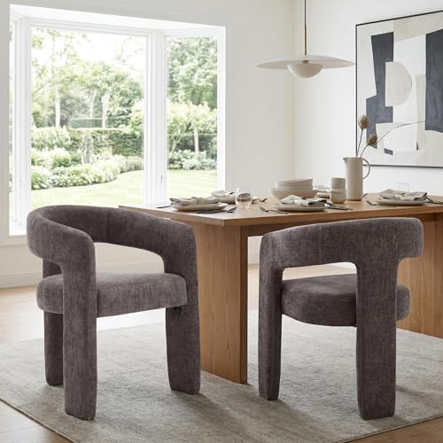 Image of HNY Modern Charcoal Grey Chenille Dining Chairs Set of 2, Upholstered Kitchen Chairs with 4 inch Thick Cushion & Wide Seat, Solid Wood Frame No Assembly Accent Chairs for Dining Room, Kitchen, Restaurant