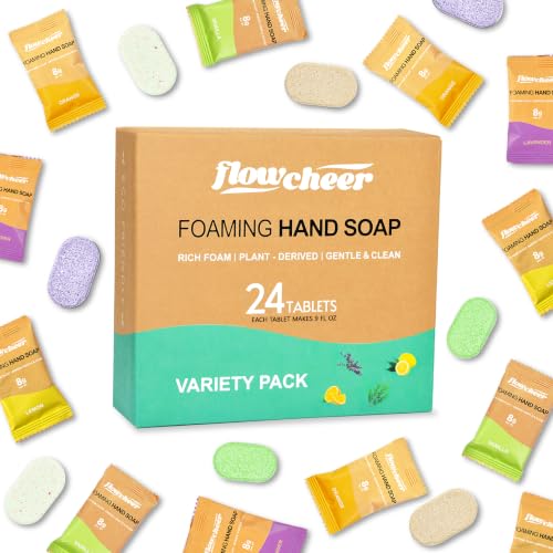 Image of flowcheer Foaming Hand Soap Refill Tablets, 24 Pack, Makes 216 fl oz (24 x 9 fl oz Bottles),Variety Fragrance,Fresh & Clean Handwash, Eco Friendly foam Soap Tablets