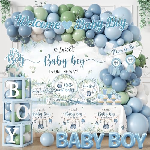 Décorations de douche pour bébé garçon bleu et guirlande baptême