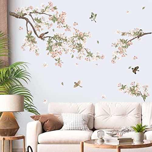 decalmile Flower Tree Branch Wall Stickers Cherry Blossom Floral Birds Wall Decals Girls Bedroom Living Room TV Sofa Wall Decor - Image 3