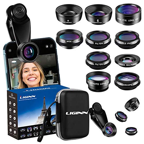 LIGINN 10 in 1 Phone Camera Lens Kit Wide Angle Lens & Macro+Fisheye Lens+2X Telephoto Zoom +Starlight+Kaleidoscope/CPL+ND Flow/Radial Filter Lens for iPhone Smartphones/Pixel/Samsung/Android Phones